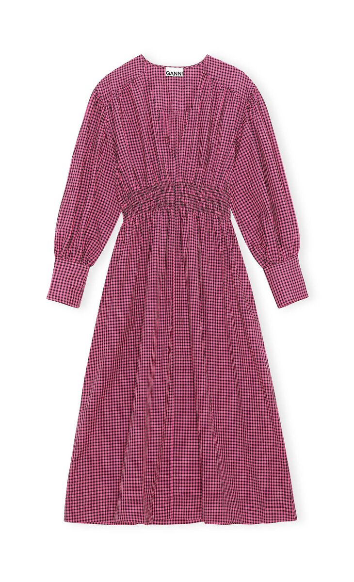 Seersucker Check V-neck Gathered Midi Dress, Organic Cotton, in colour Carmine Rose - 1 - GANNI