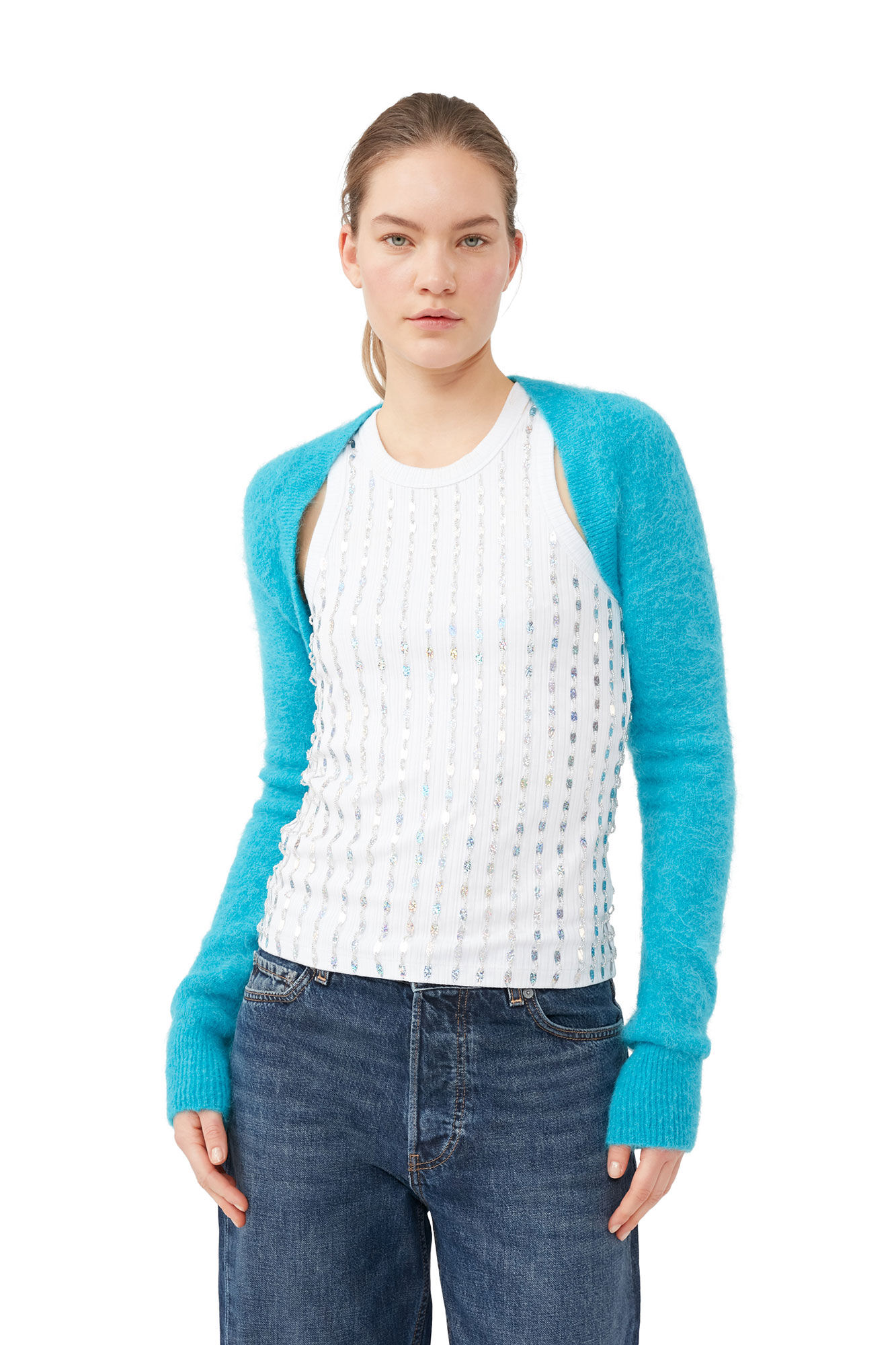 Blue Brushed Alpaca Bolero, Alpaca, in colour Blue Curacao - 1 - GANNI