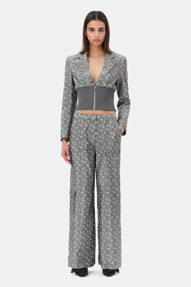 Grey Jacquard Cropped Blazer, Acetate, in colour Smoked Pearl - 2 - GANNI