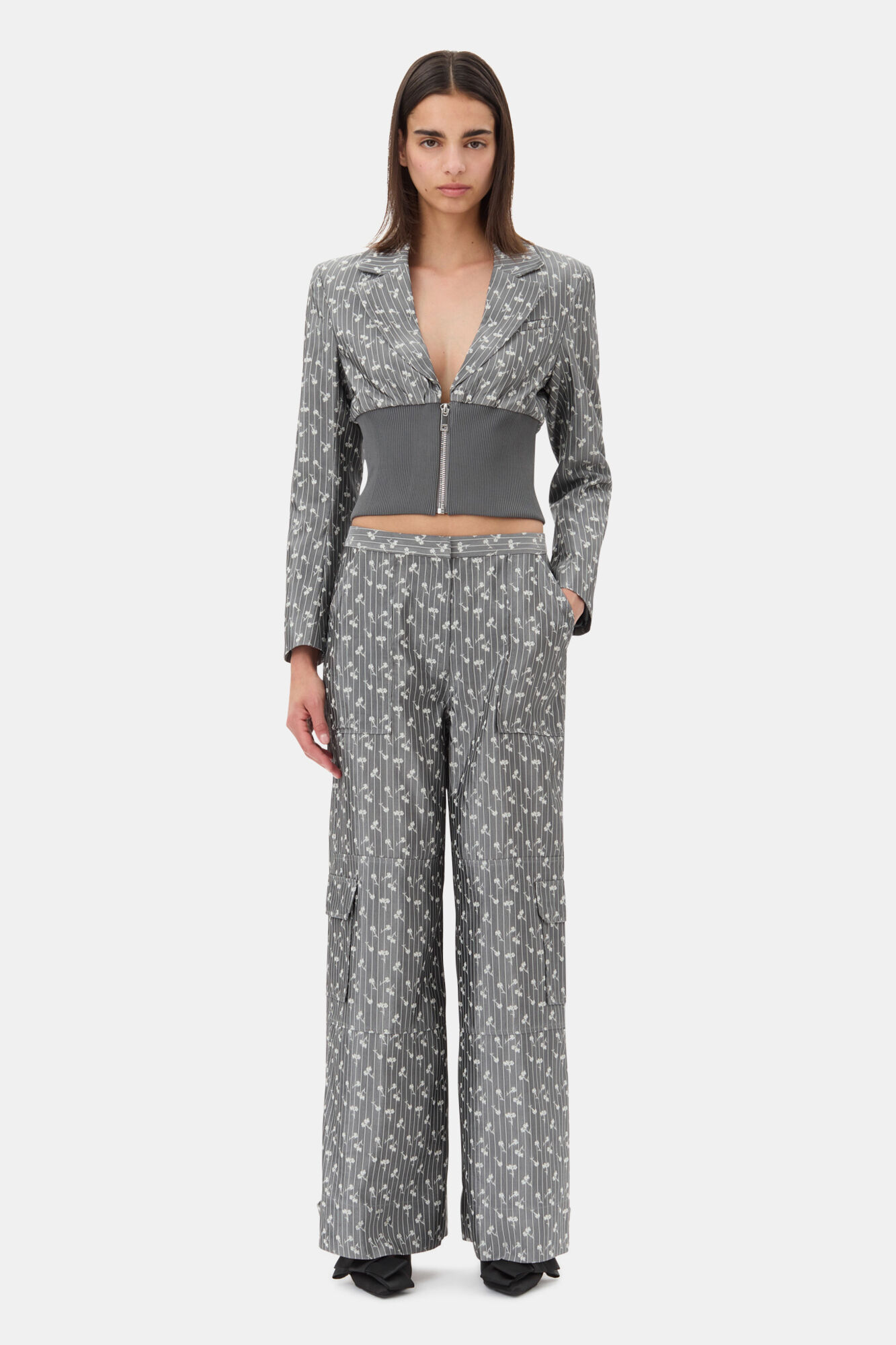 Grey Jacquard Cropped Blazer, Acetate, in colour Smoked Pearl - 2 - GANNI