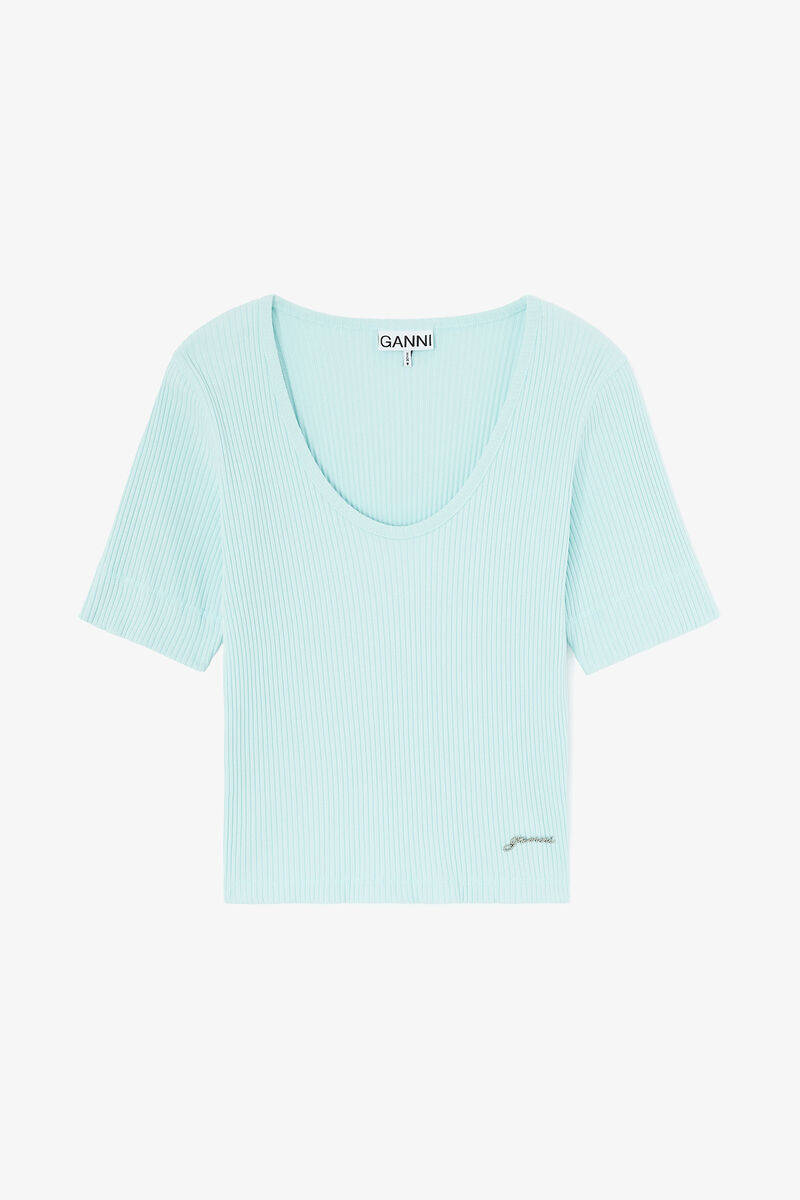 T-shirt in Cotton Rib, Organic Cotton, in colour Iced Aqua - 1 - GANNI
