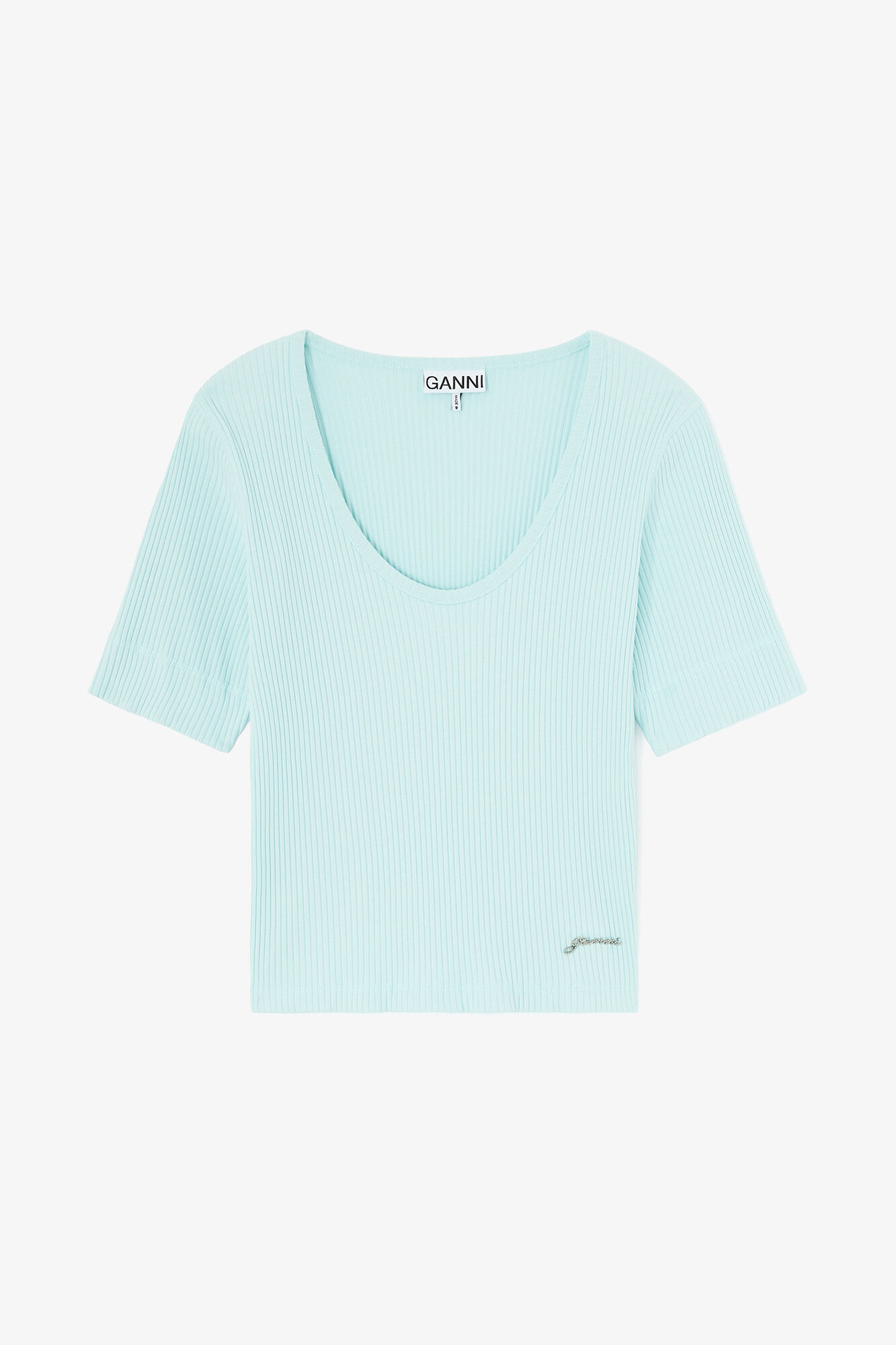 T-shirt in Cotton Rib, Organic Cotton, in colour Iced Aqua - 1 - GANNI