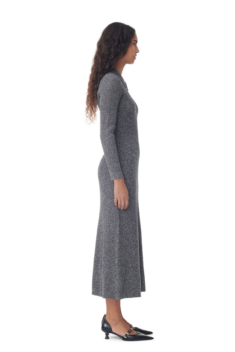 Grey Collar Maxi Dress, Cashmere, in colour Ebony Melange - 3 - GANNI