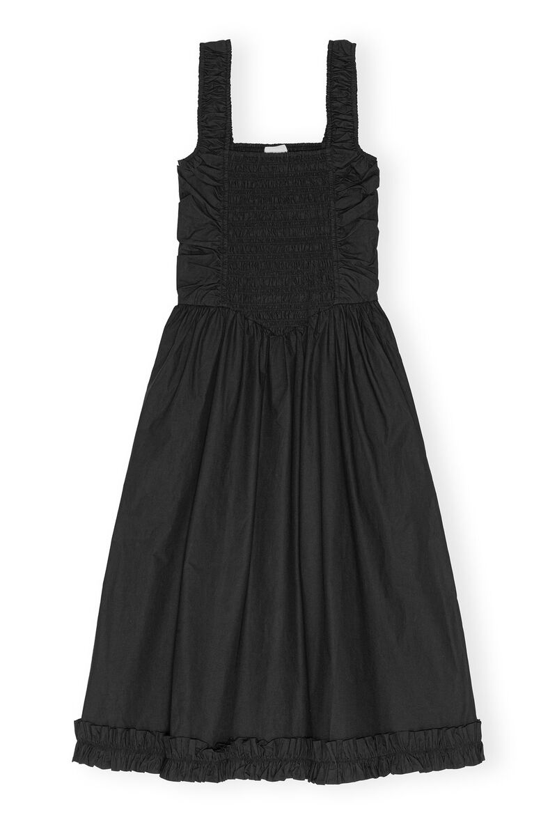 Black Cotton Poplin Midi Strap Smock Dress, Cotton, in colour Black - 1 - GANNI