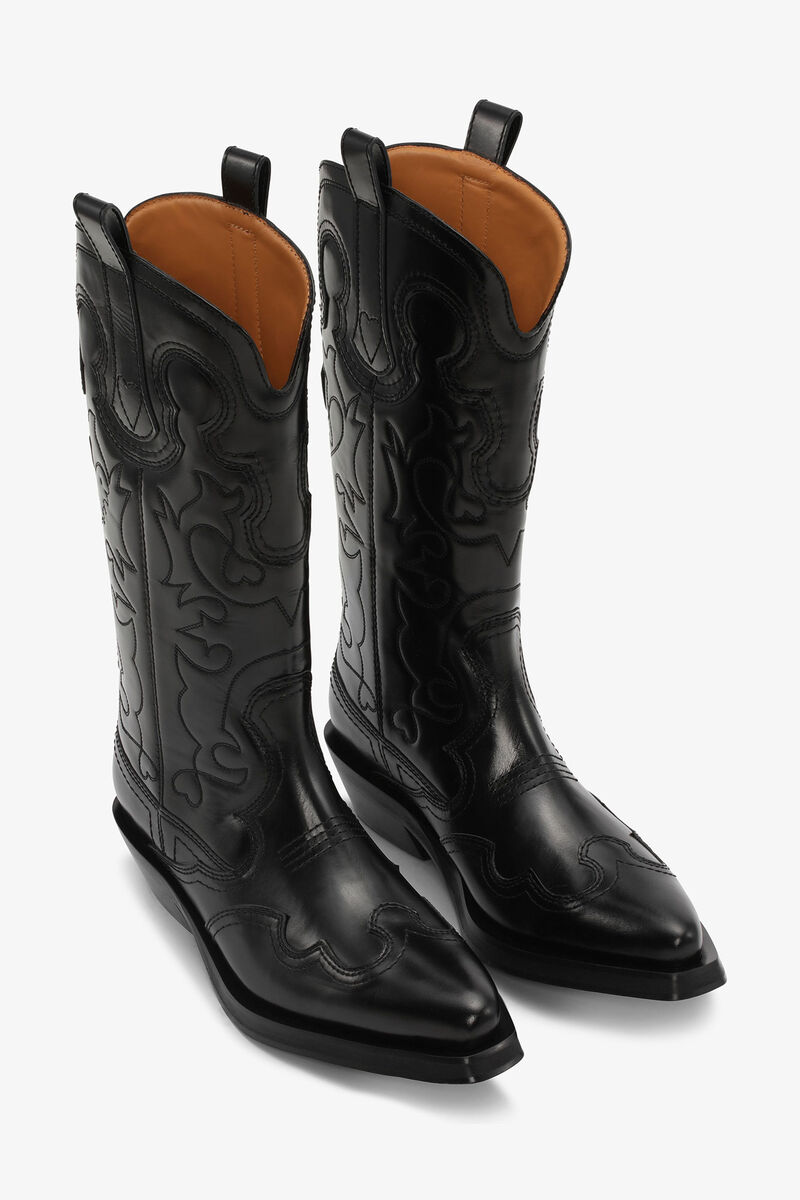 Bottes Western Black Mid Shaft Embroidered, Calf Leather, in colour Black/Black - 2 - GANNI