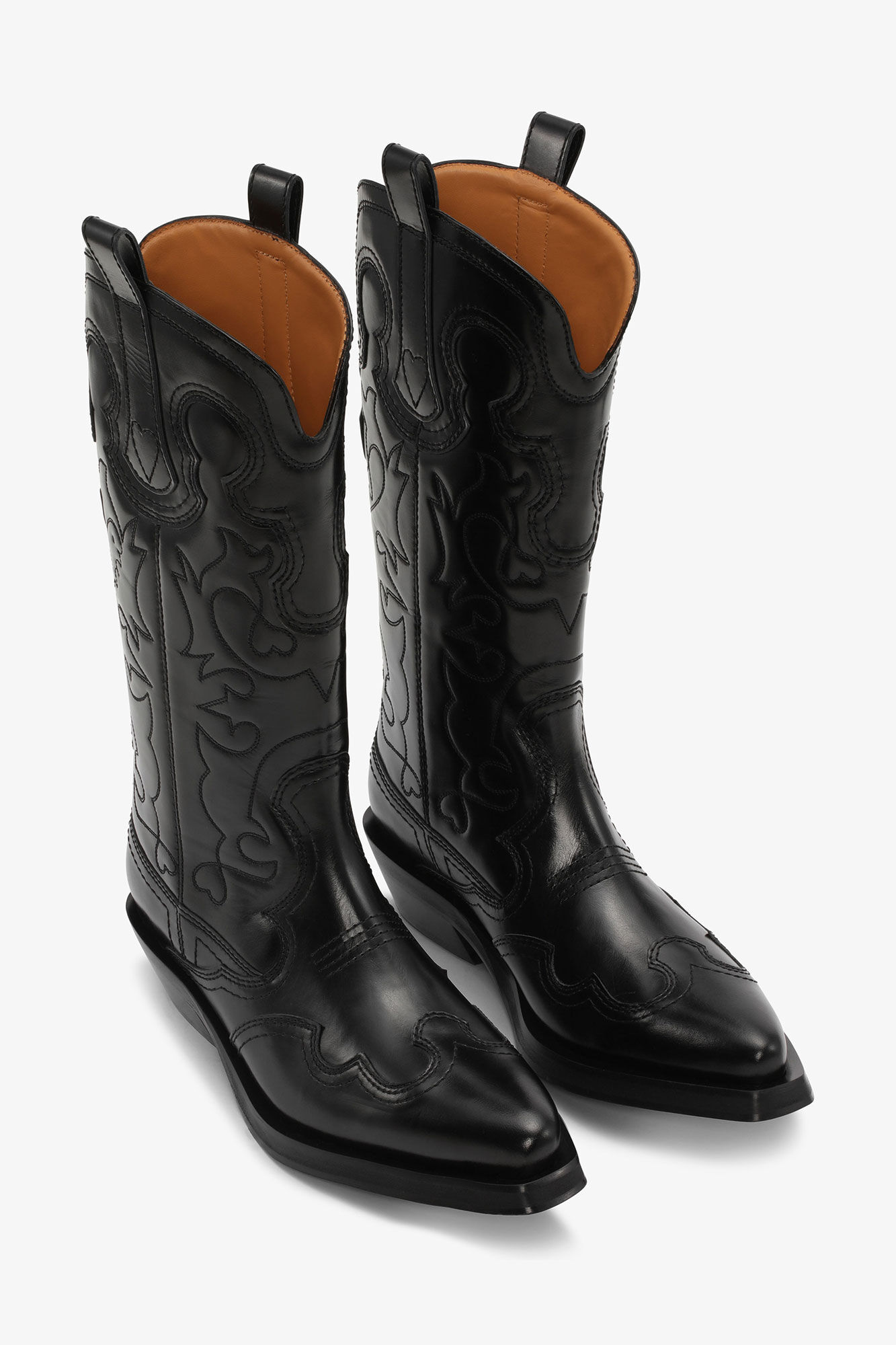Bottes Western Black Mid Shaft Embroidered, Calf Leather, in colour Black/Black - 2 - GANNI