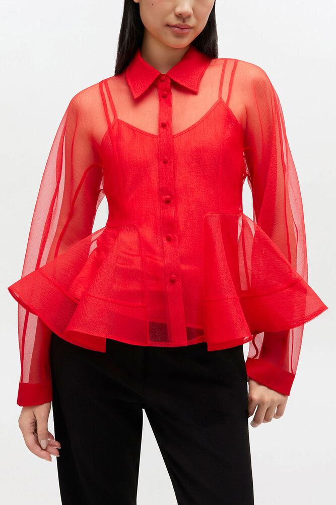 Red Organza Peplum Shirt, Mars Red