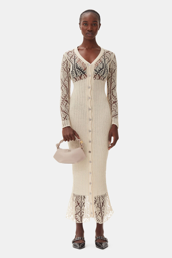 Beige Cotton Lace Button Down Maxi Dress, Egret