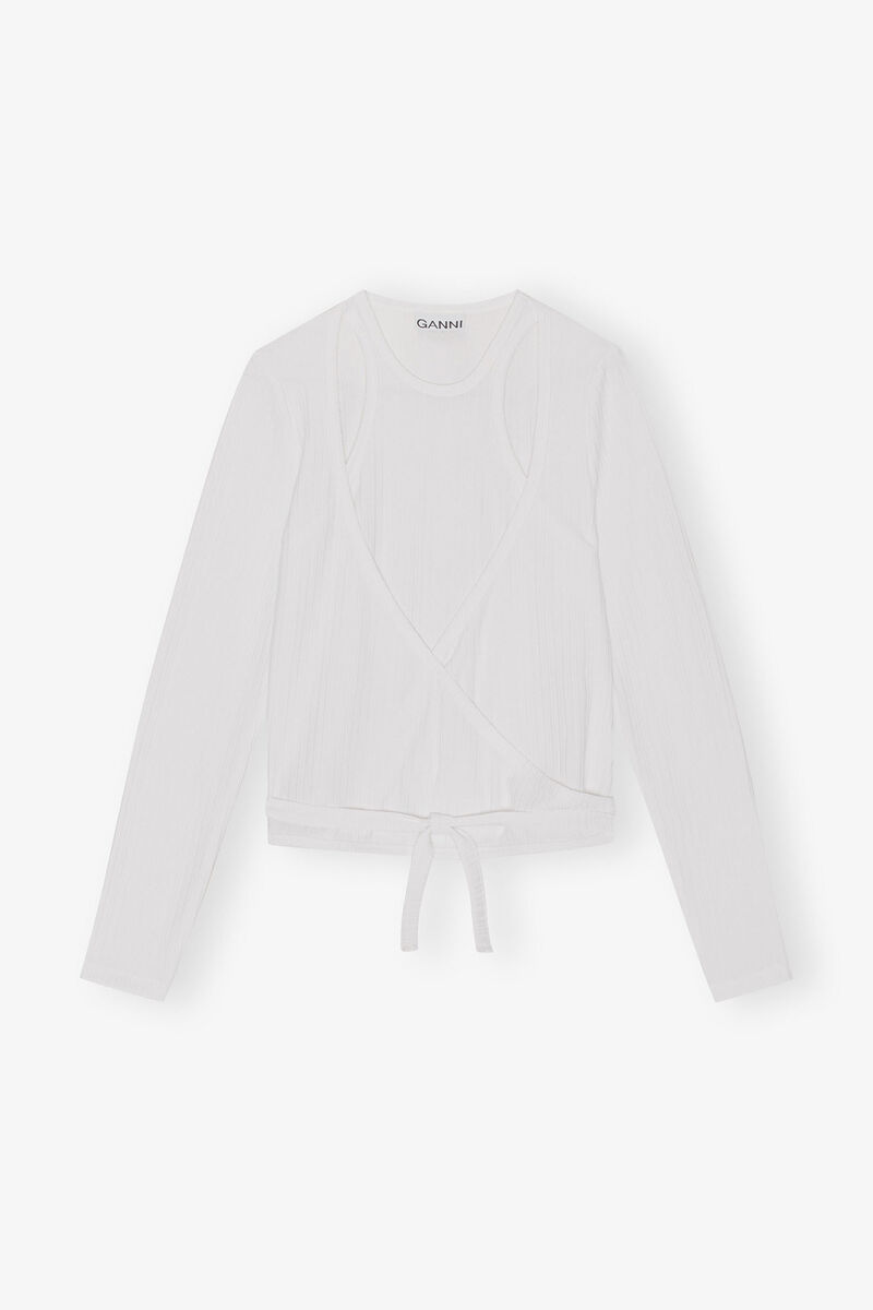 Rib Jersey Wrap Blouse, Elastane, in colour Bright White - 3 - GANNI