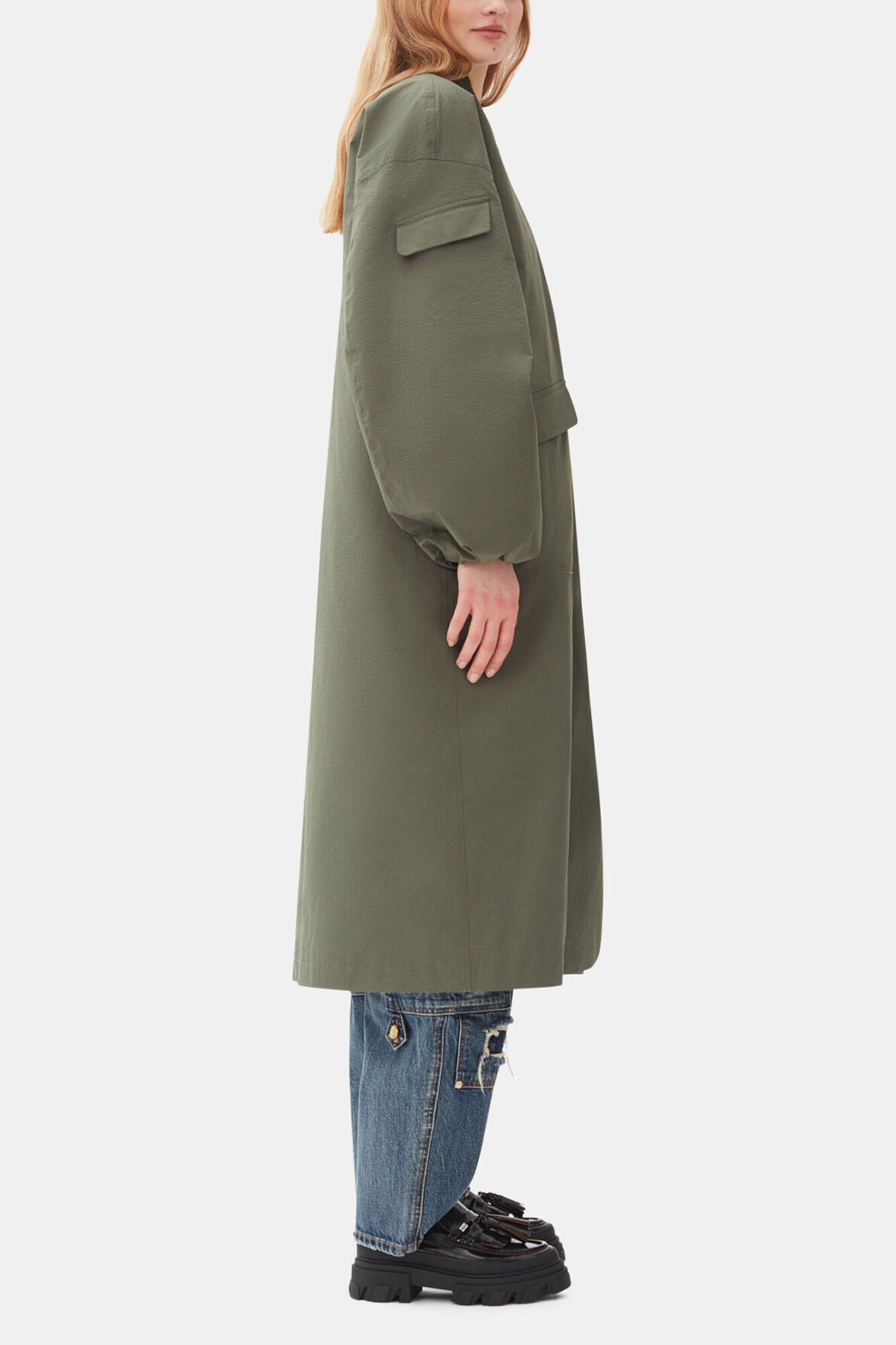 Beetle Green Tech Seersucker Oversized Shell Coat | GANNI (Global) JP