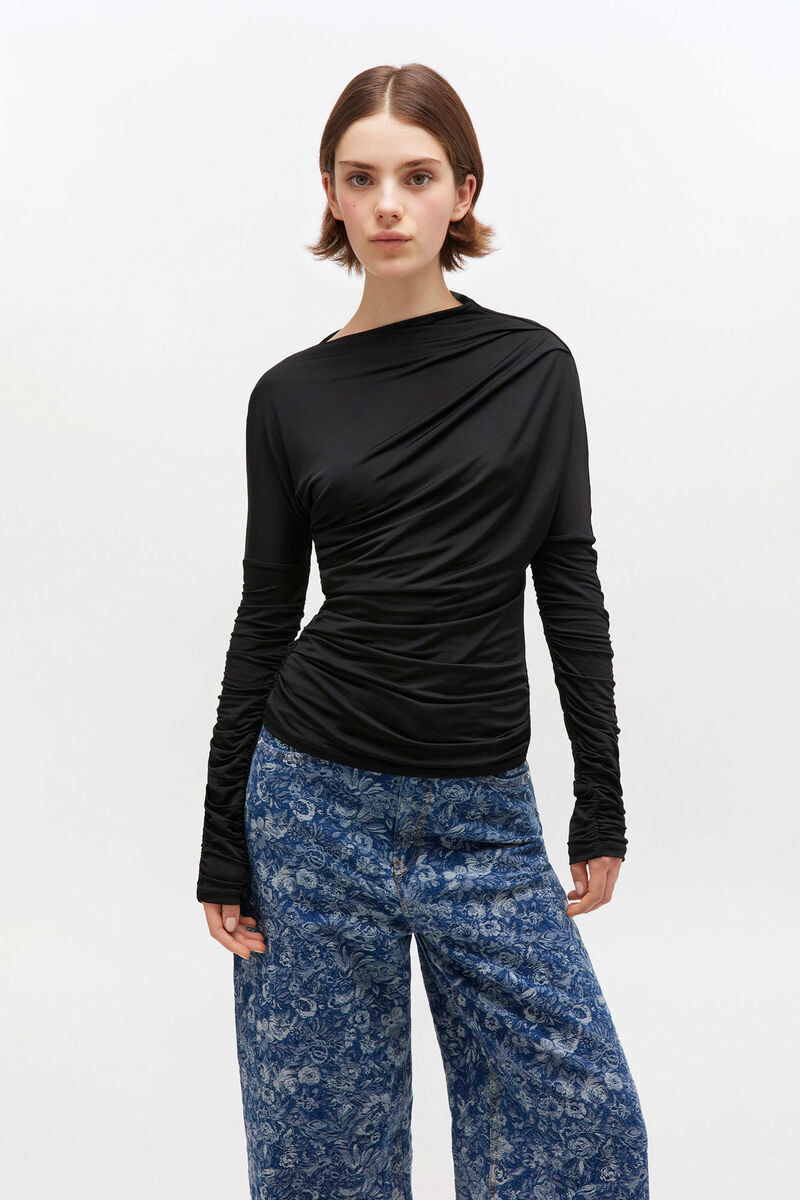Black Ruched Top, Elastane, in colour Black - 1 - GANNI