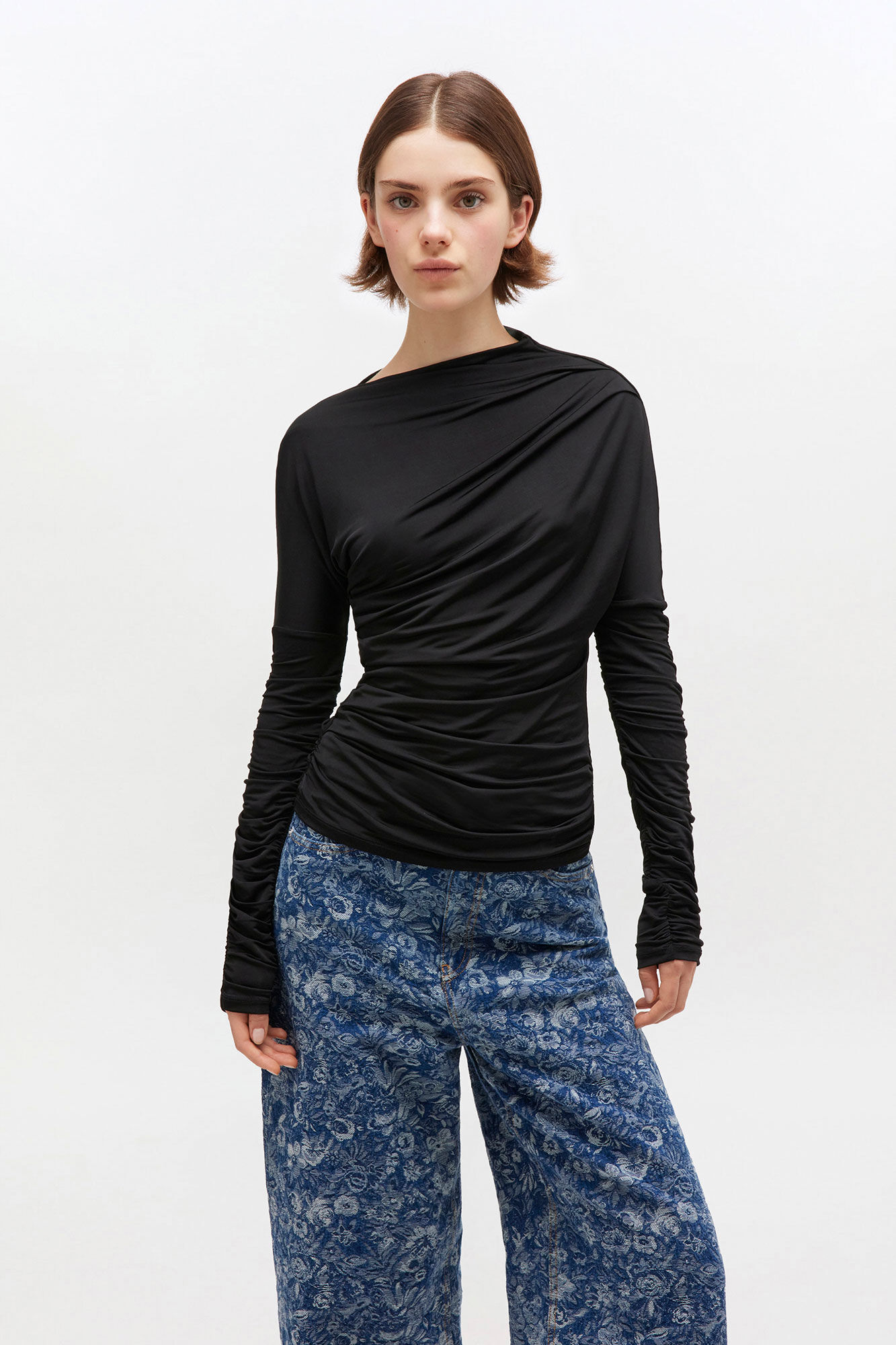 Black Ruched Top, Elastane, in colour Black - 1 - GANNI