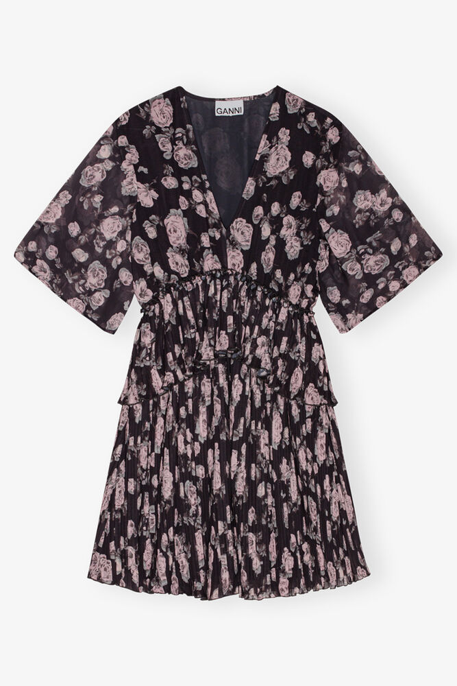 Floral Printed Pleated Georgette Mini Dress, Phantom