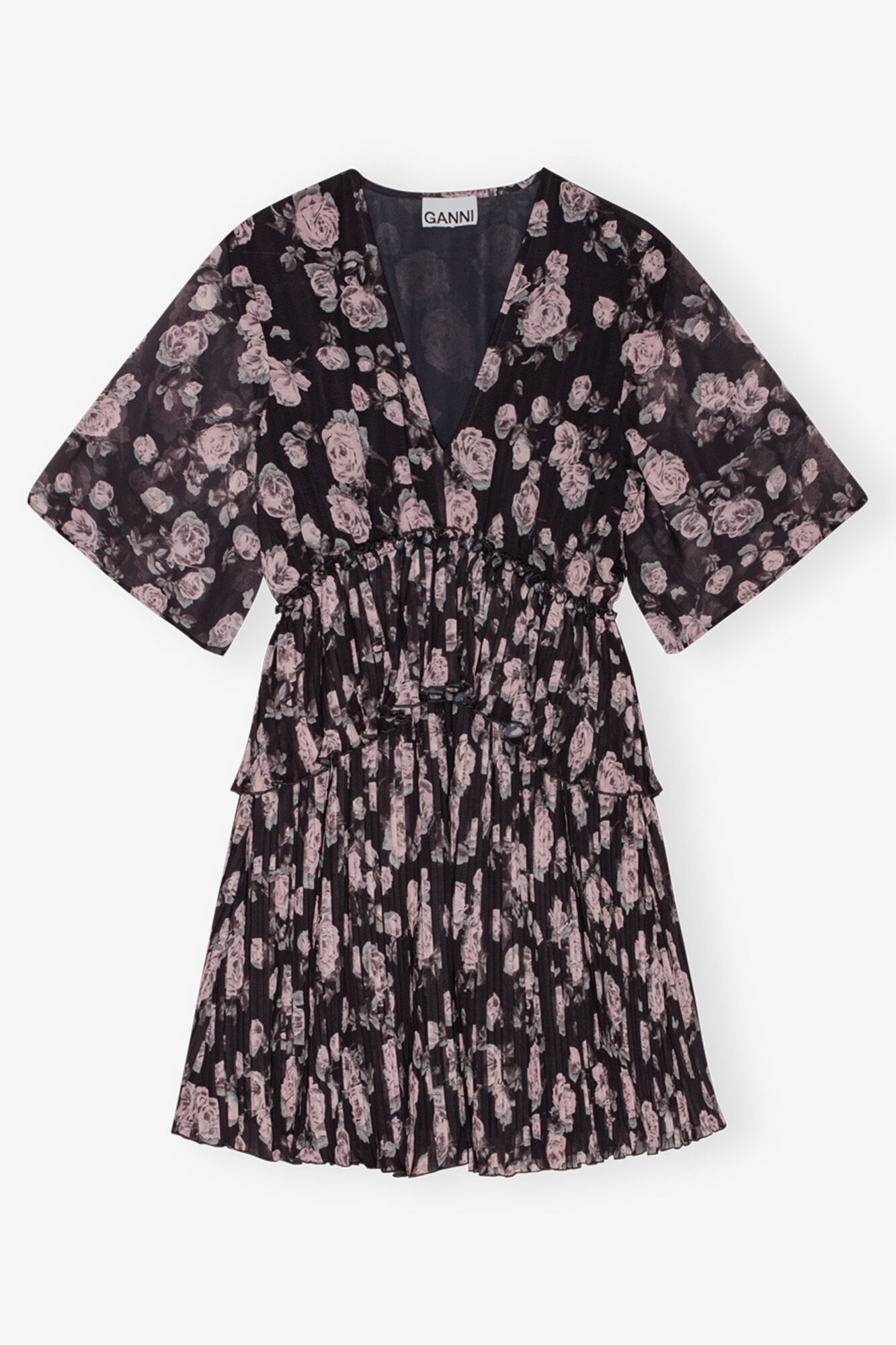 Floral Printed Pleated Georgette Mini Dress, Recycled Polyester, in colour Phantom - 1 - GANNI
