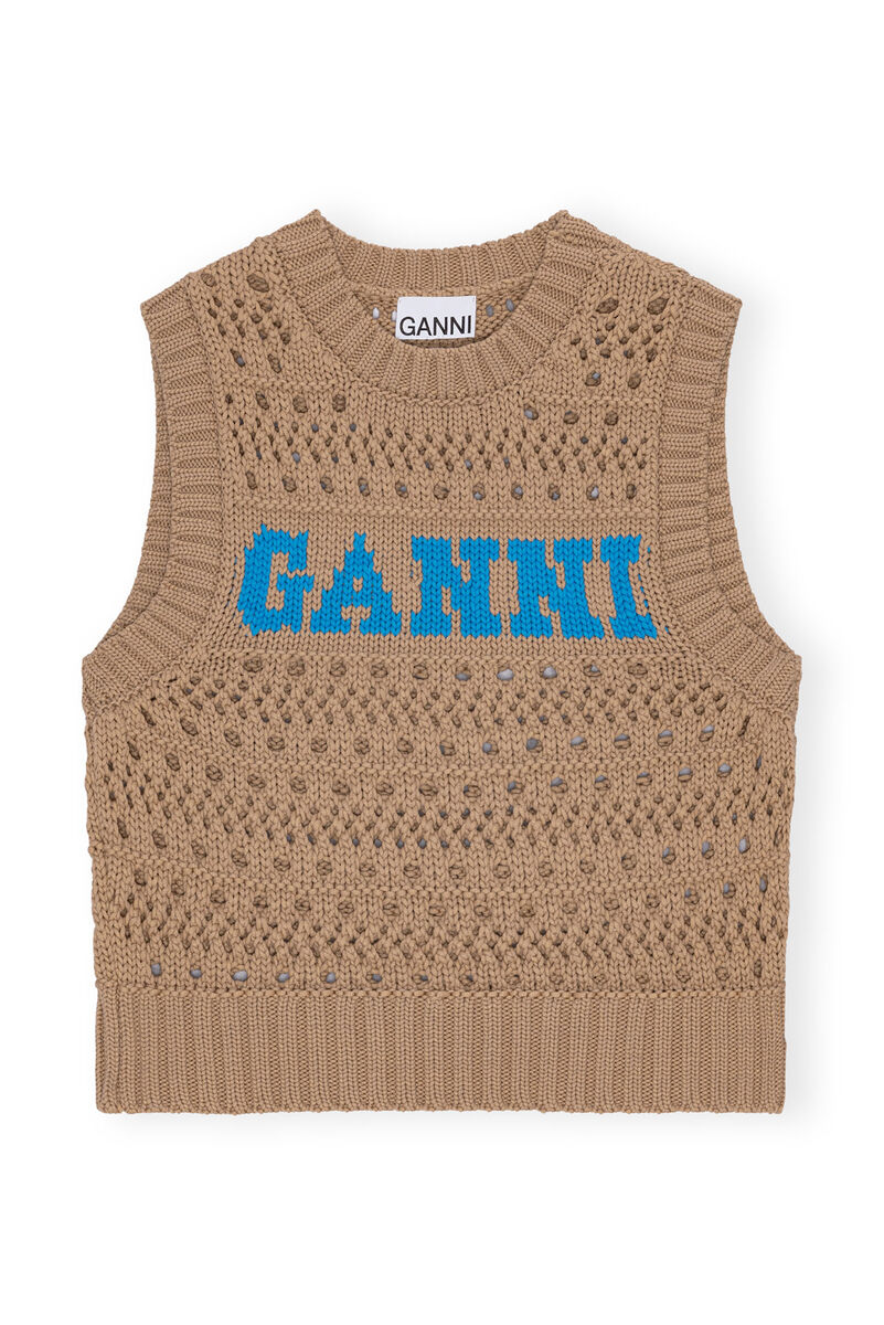 Brown Cotton Rope Short Vest, Organic Cotton, in colour Tiger's Eye - 1 - GANNI