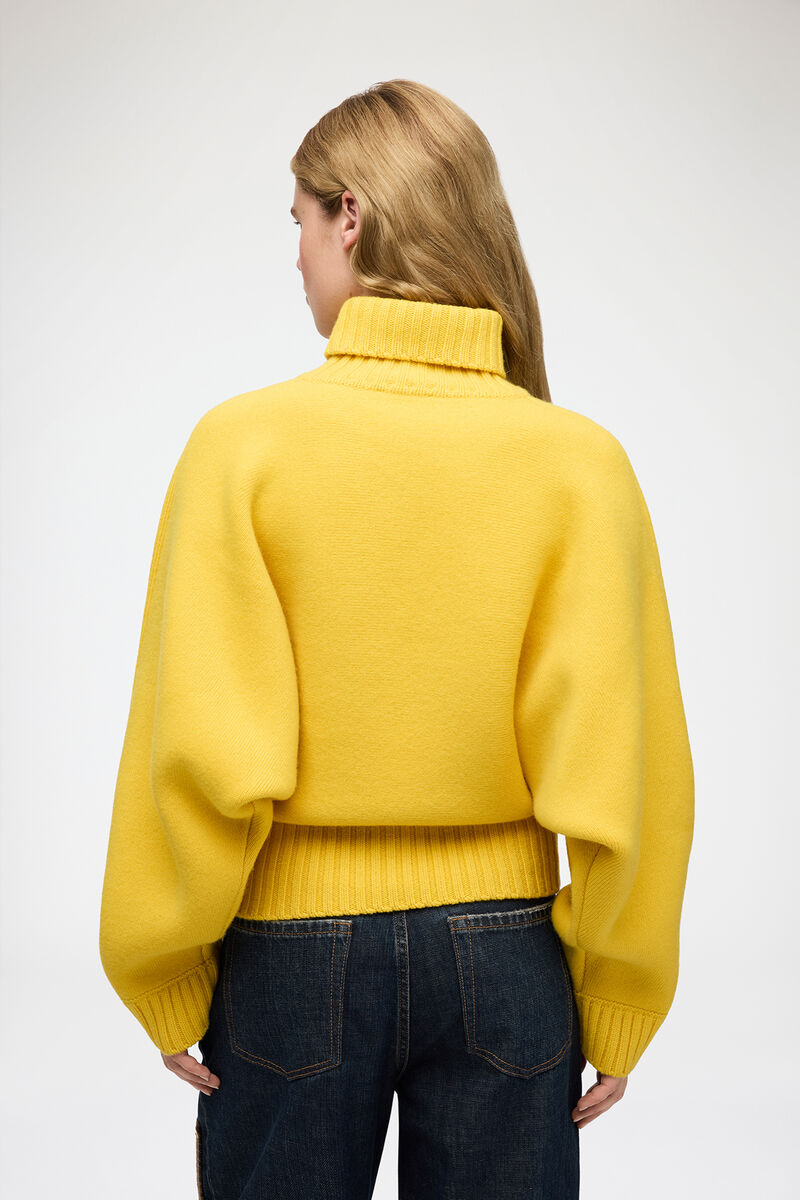Turtleneck in Double Knit, Wool, in colour Lemon - 3 - GANNI