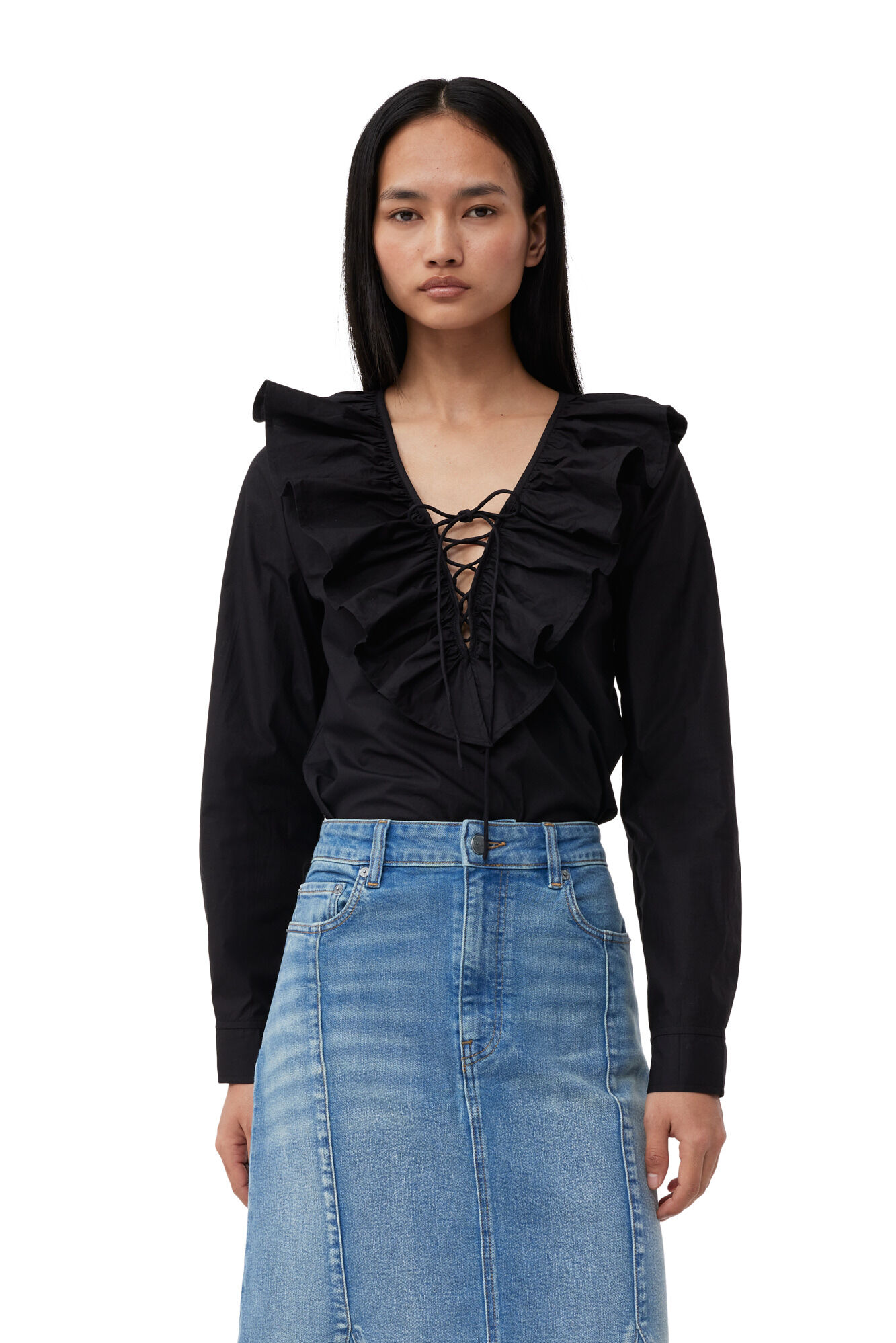 Ganni Cottonpoplin Ruffle V-neck Blouse In Black | ModeSens