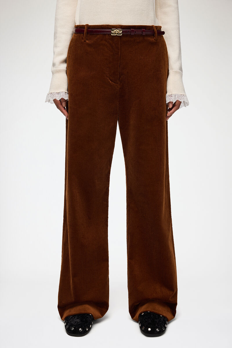 Trousers in Brown Corduroy, Organic Cotton, in colour Tortoise Shell - 2 - GANNI