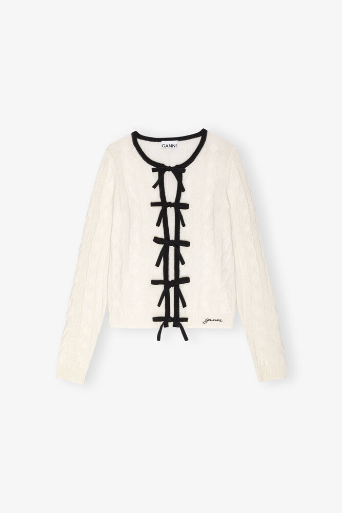Ivory Cashmere Mix Tie String Cardigan, Egret