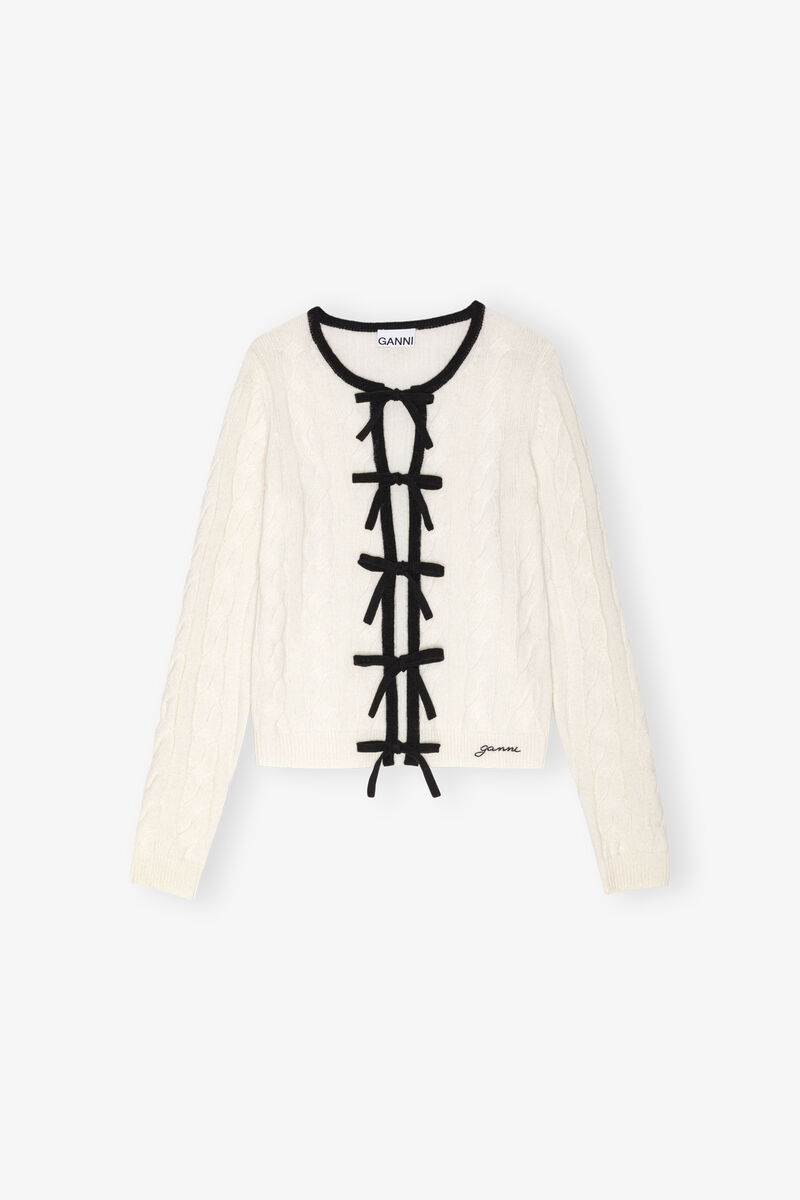 Ivory Cashmere Mix Tie String Cardigan, Cashmere, in colour Egret - 1 - GANNI