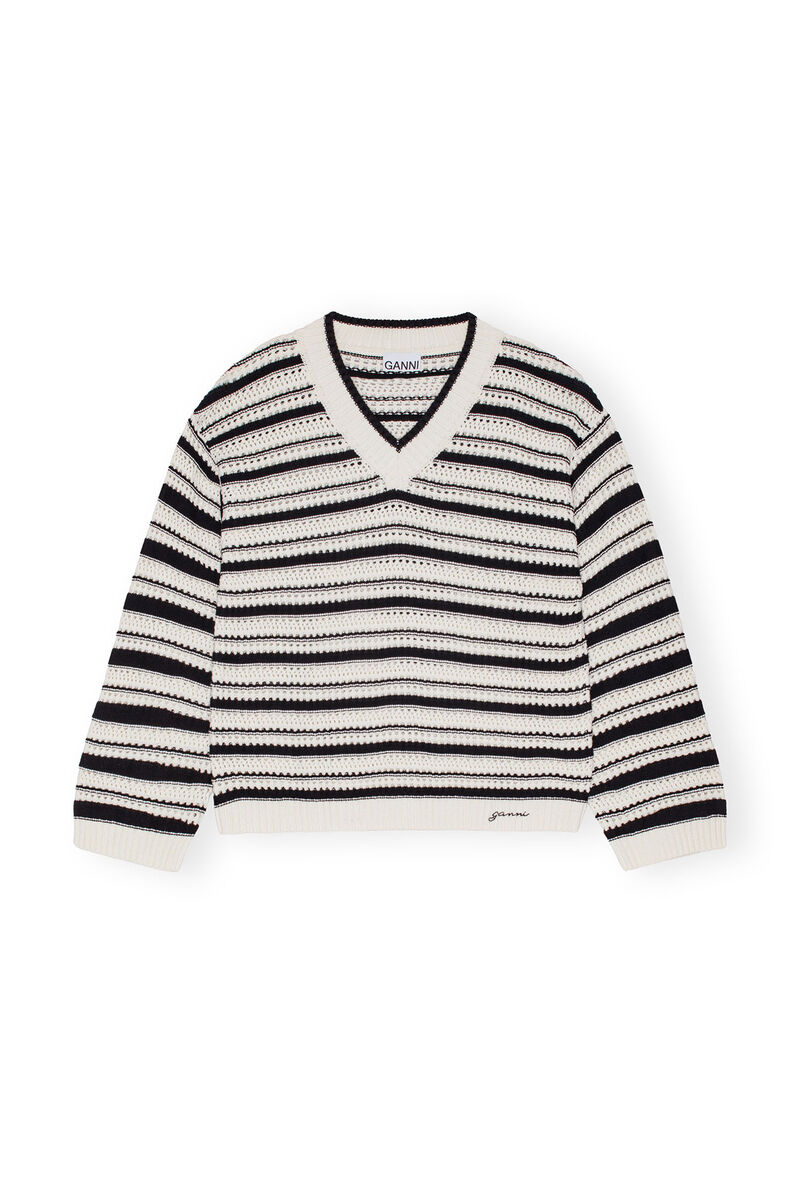 Striped Cotton V-neck Pullover, Cotton, in colour Multicolour - 1 - GANNI