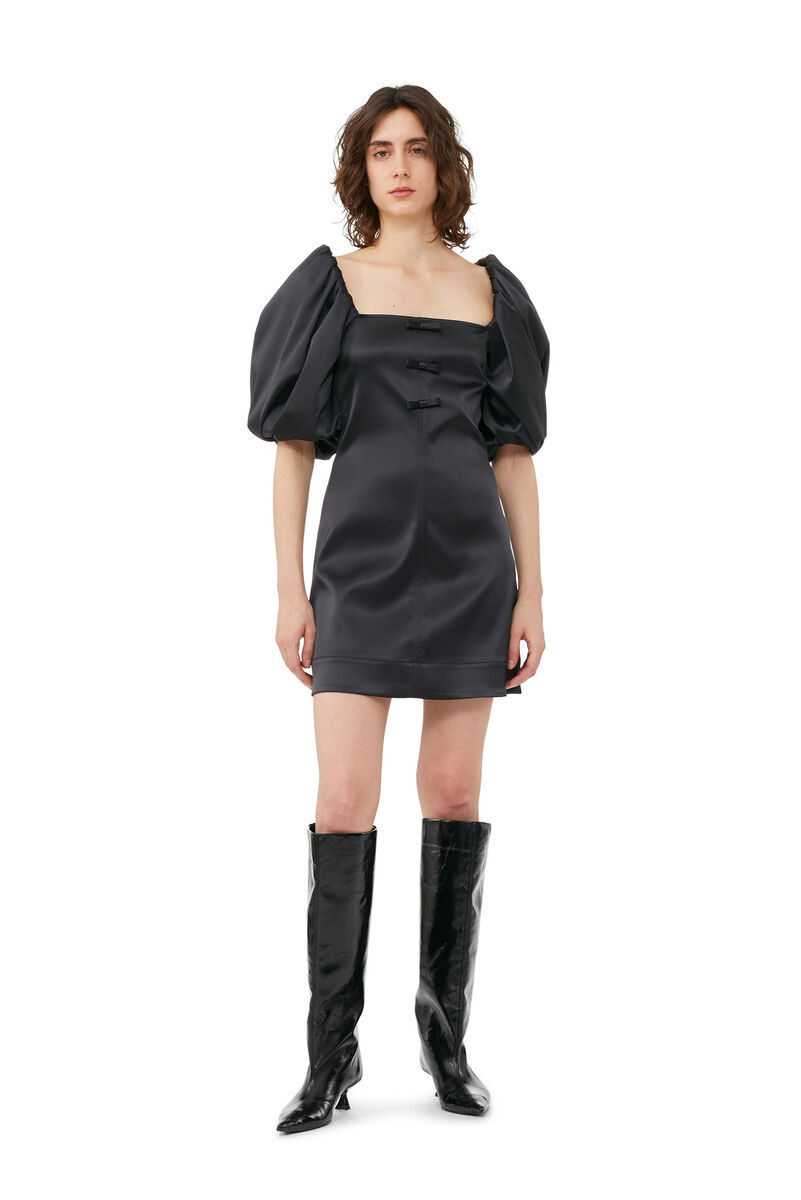 Black Satin Mini Dress, Elastane, in colour Black - 1 - GANNI