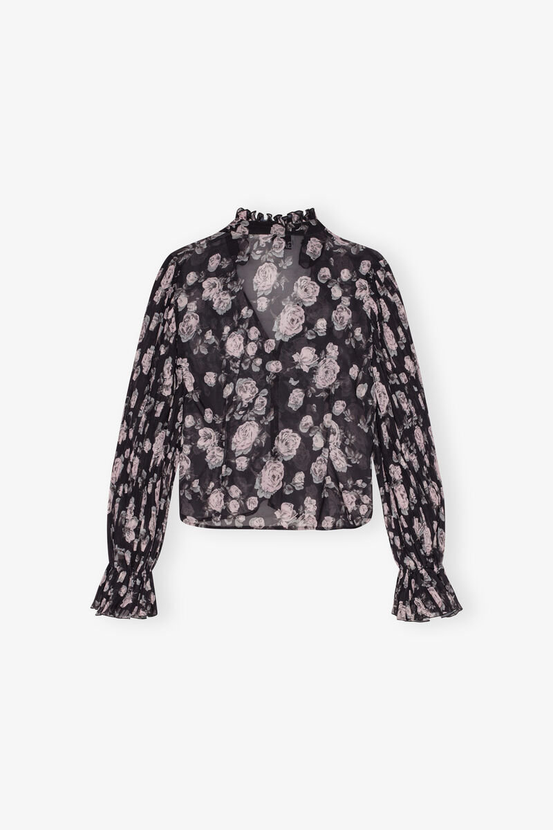 Floral Printed Pleated Georgette Blouse, Recycled Polyester, in colour Phantom - 2 - GANNI