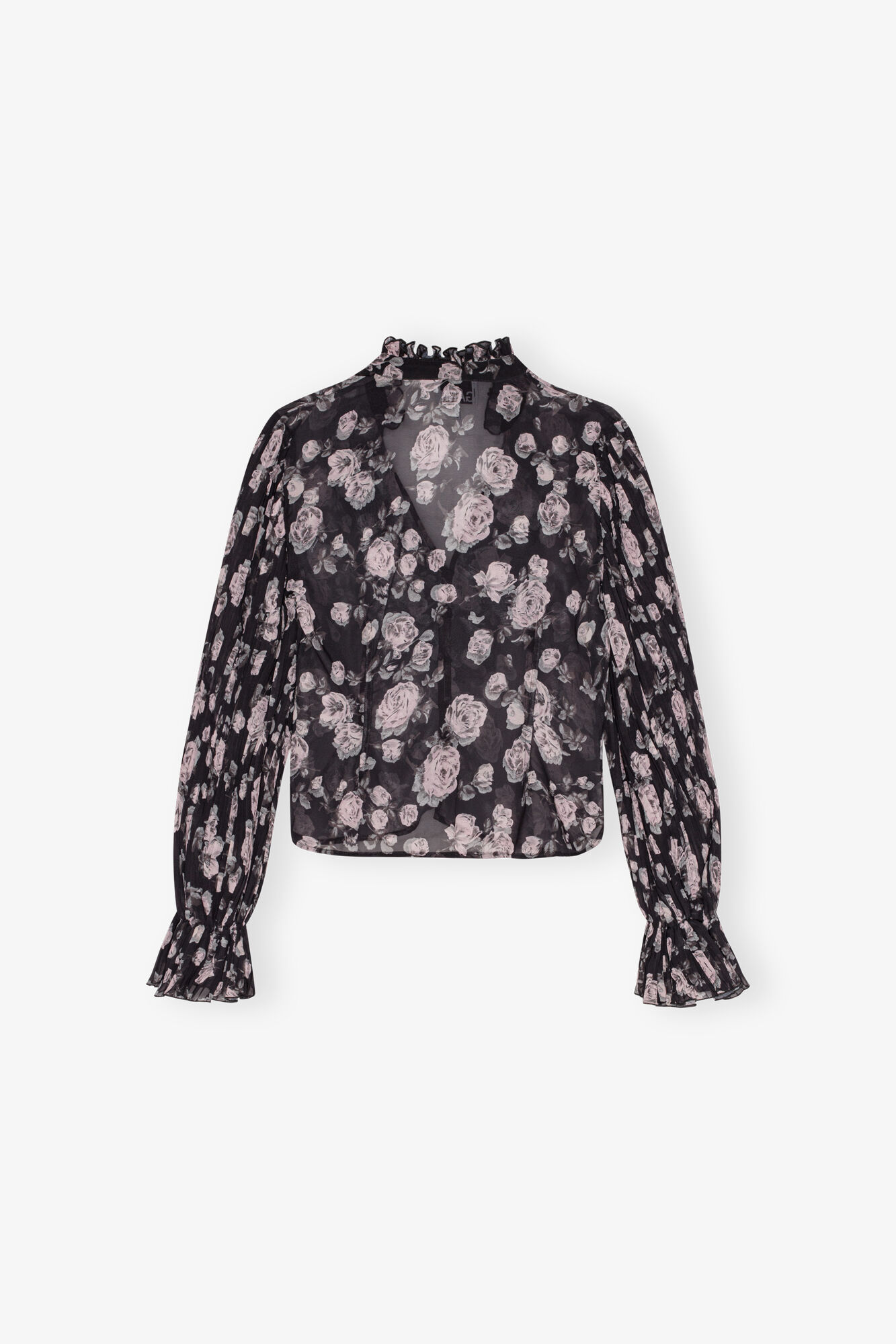 Floral Printed Pleated Georgette Blouse, Recycled Polyester, in colour Phantom - 2 - GANNI