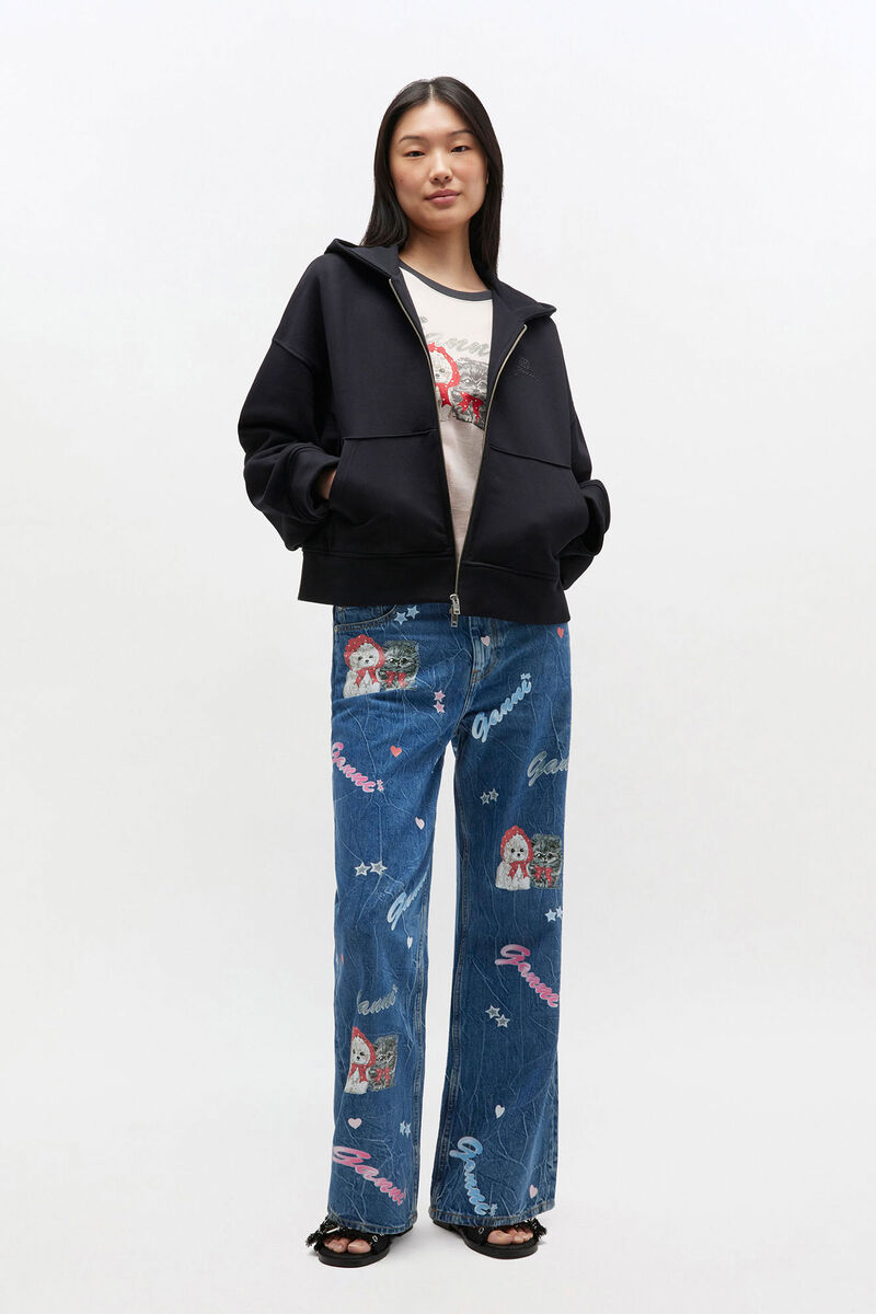 Black Animal Zip Hoodie, Organic Cotton, in colour Black/Black - 1 - GANNI