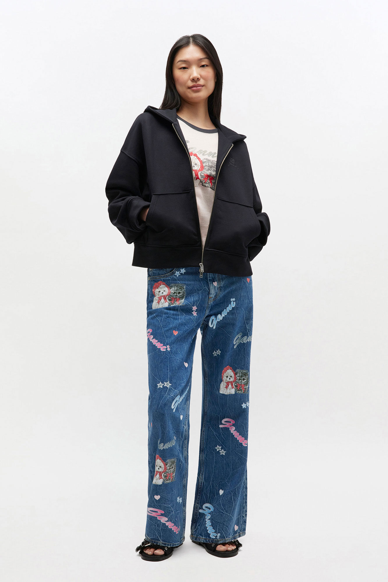 Black Animal Zip Hoodie, Organic Cotton, in colour Black/Black - 1 - GANNI