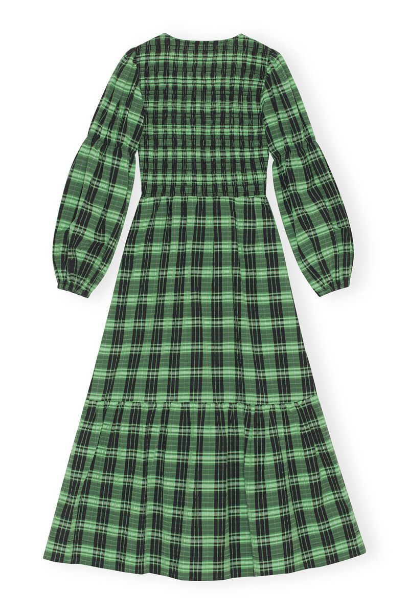 Green Seersucker Check Maxi Smock Dress, Organic Cotton, in colour Peapod - 2 - GANNI