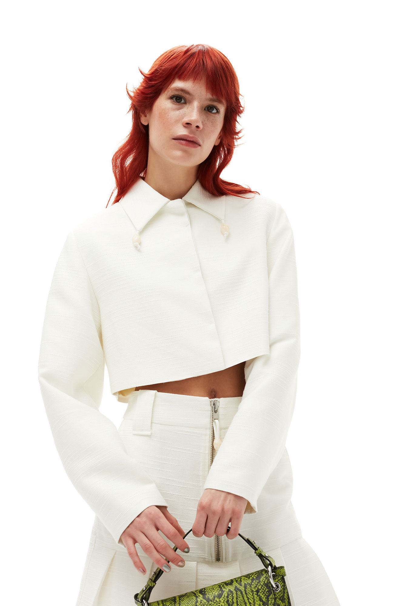 Slub Linen Cropped Blazer, LENZING™ ECOVERO™, in colour Egret - 7 - GANNI