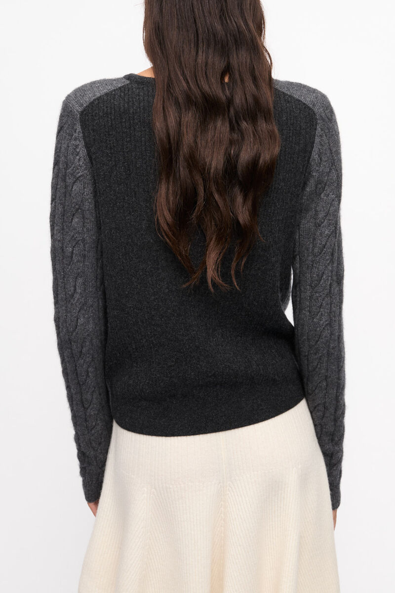 Grey and Black Cashmere Mix Tie String Cardigan, Merino Wool, in colour Phantom - 2 - GANNI