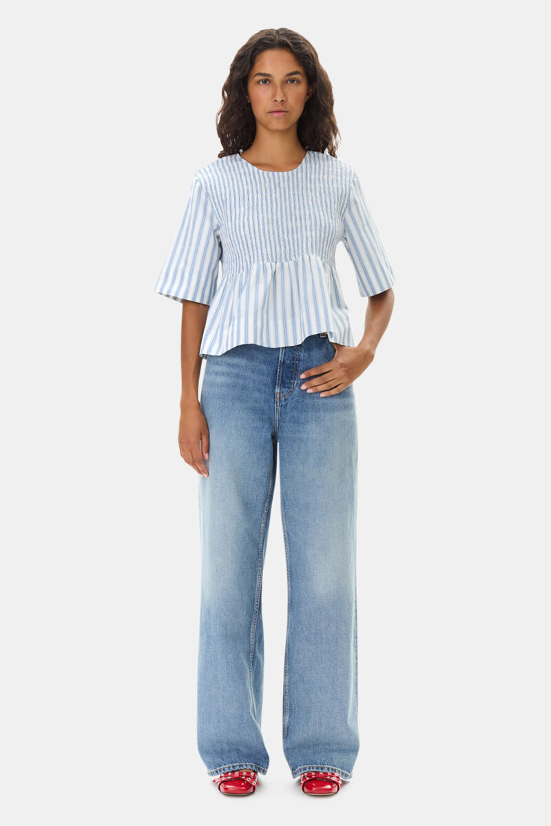 Blue Stripe Cotton Smock Blouse, Cotton, in colour Egret - 2 - GANNI