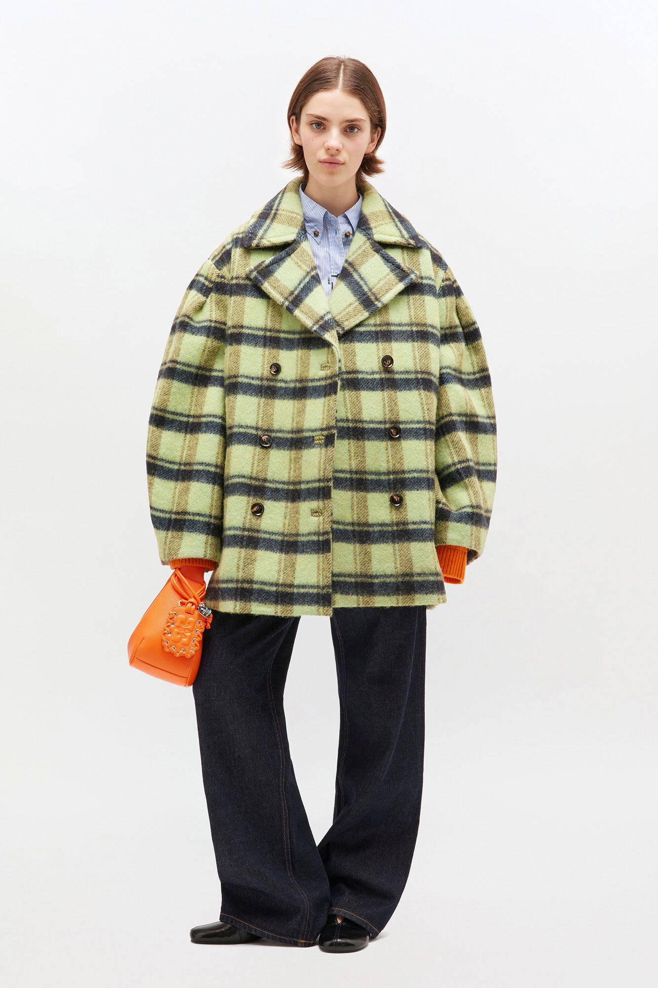 Brushed Wool Check Midi Coat, Wool, in colour Lime Sherbet - 1 - GANNI