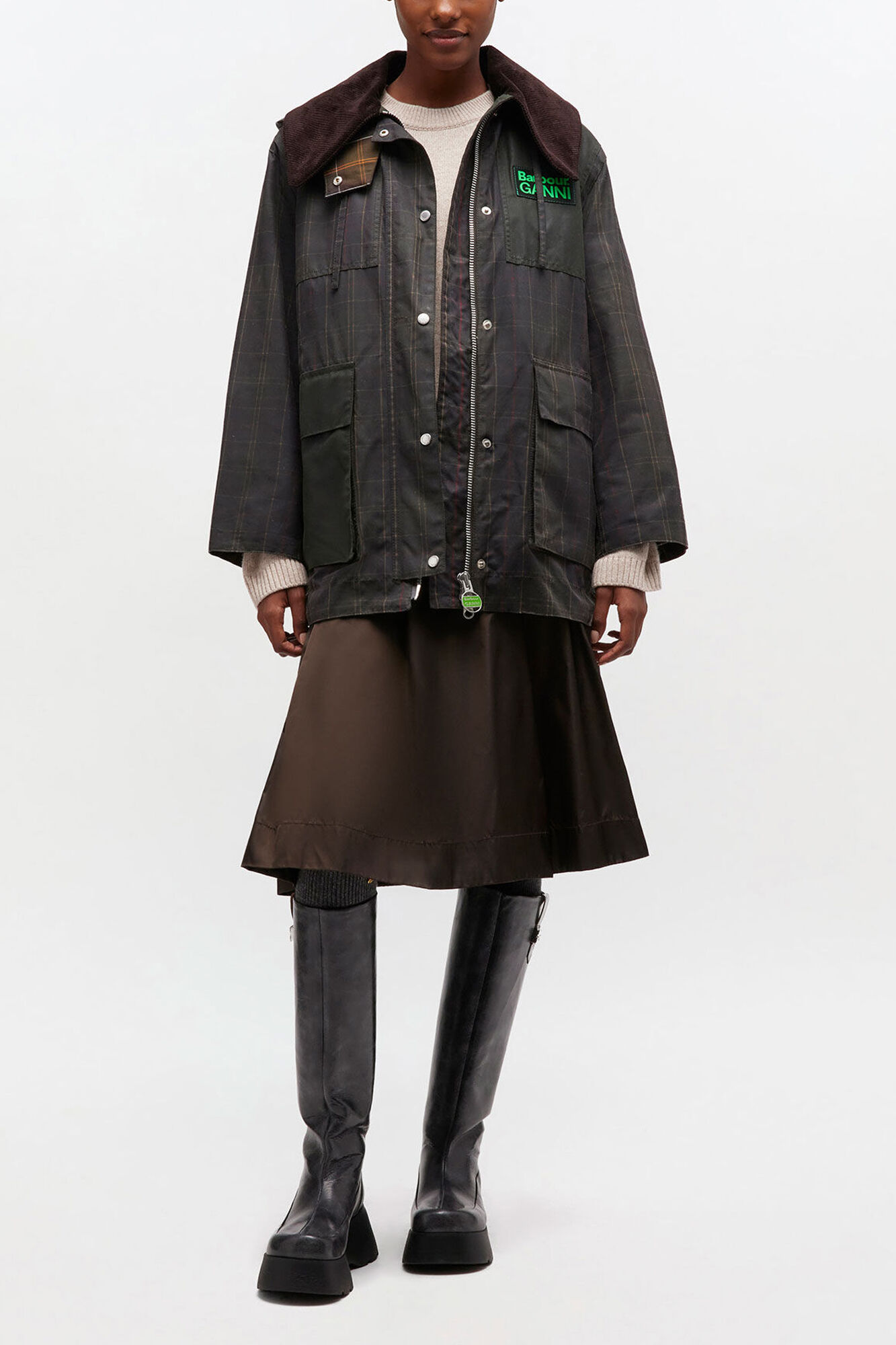 GANNI オリーブ ダウンベスト GANNI x Barbour Tartan Waxed Anorak | GANNI US