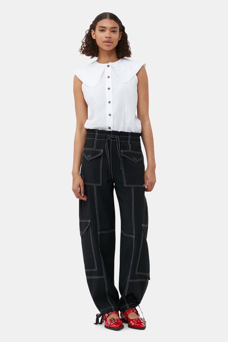 Light Slub Pocket Pants, Polyester, in colour Black - 1 - GANNI