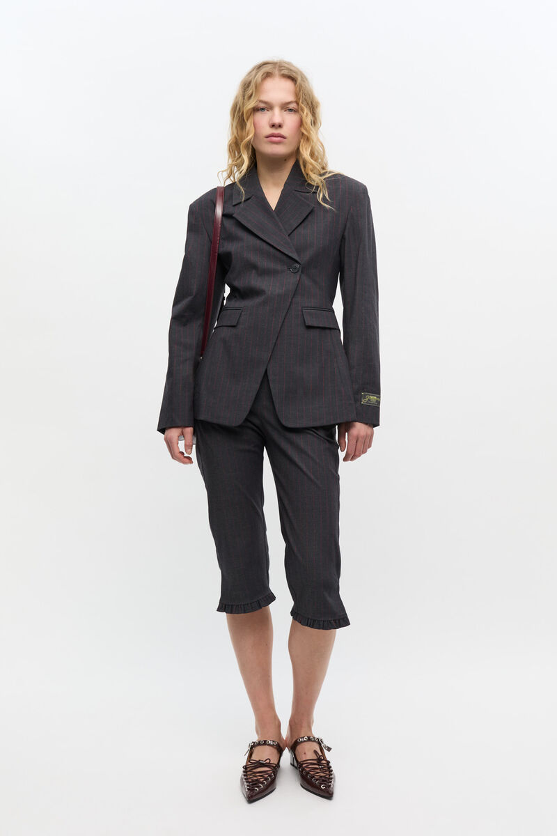 Black Pinstripe Capri Trousers, Elastane, in colour Phantom - 1 - GANNI