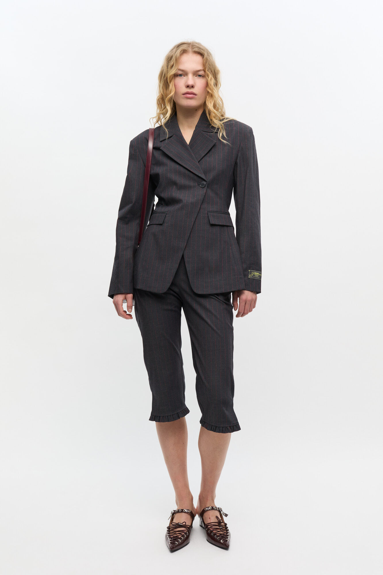 Black Pinstripe Capri Trousers, Elastane, in colour Phantom - 1 - GANNI