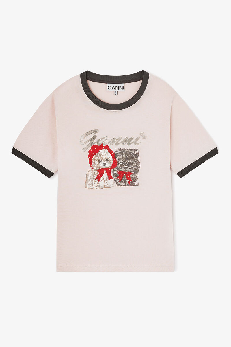 Rosa croppad t-shirt med djurmotiv, Cotton, in colour Primrose Pink - 1 - GANNI