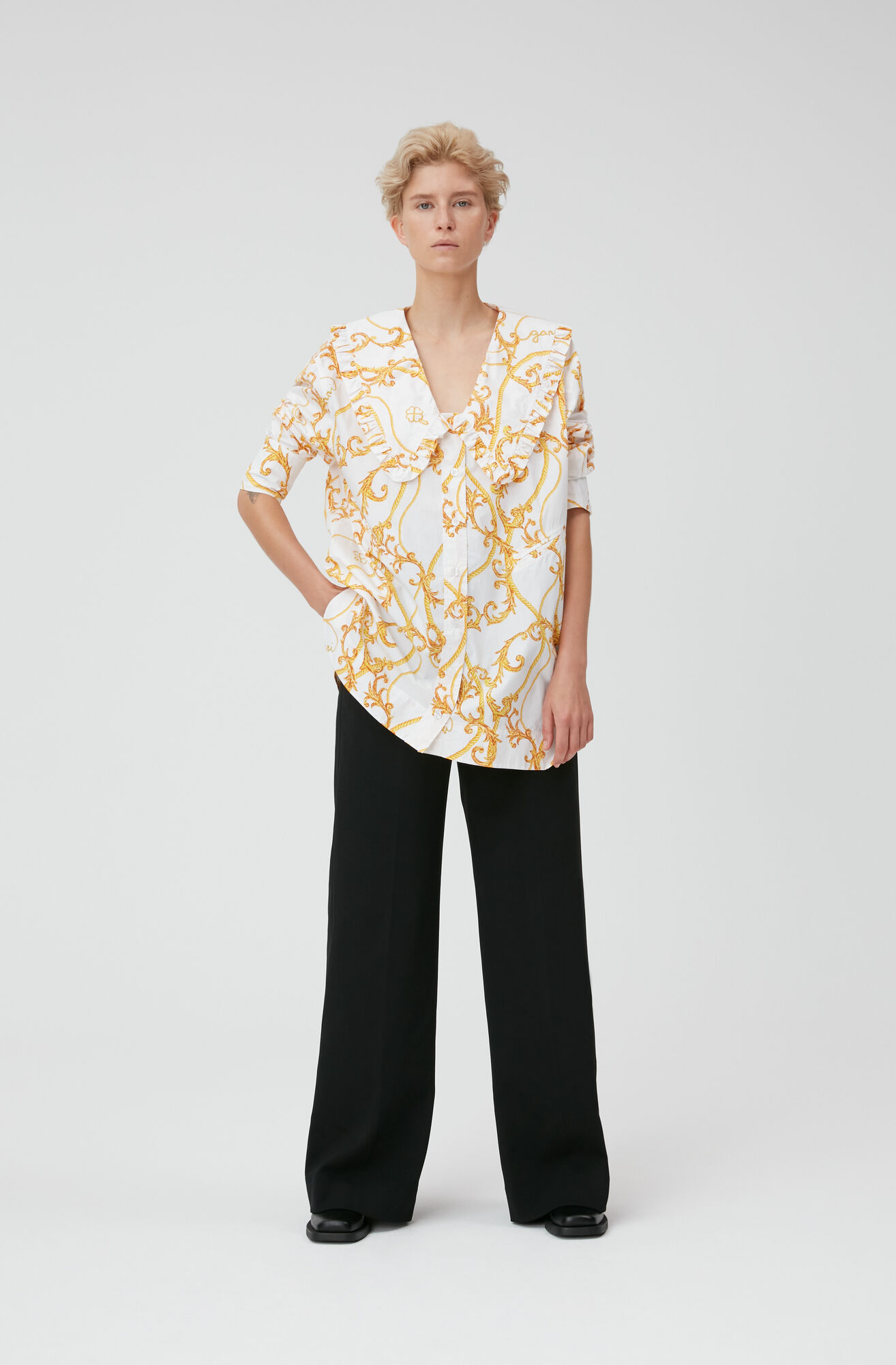 Relaxed Poplin Collar Shirt, Cotton, in colour Egret - 1 - GANNI
