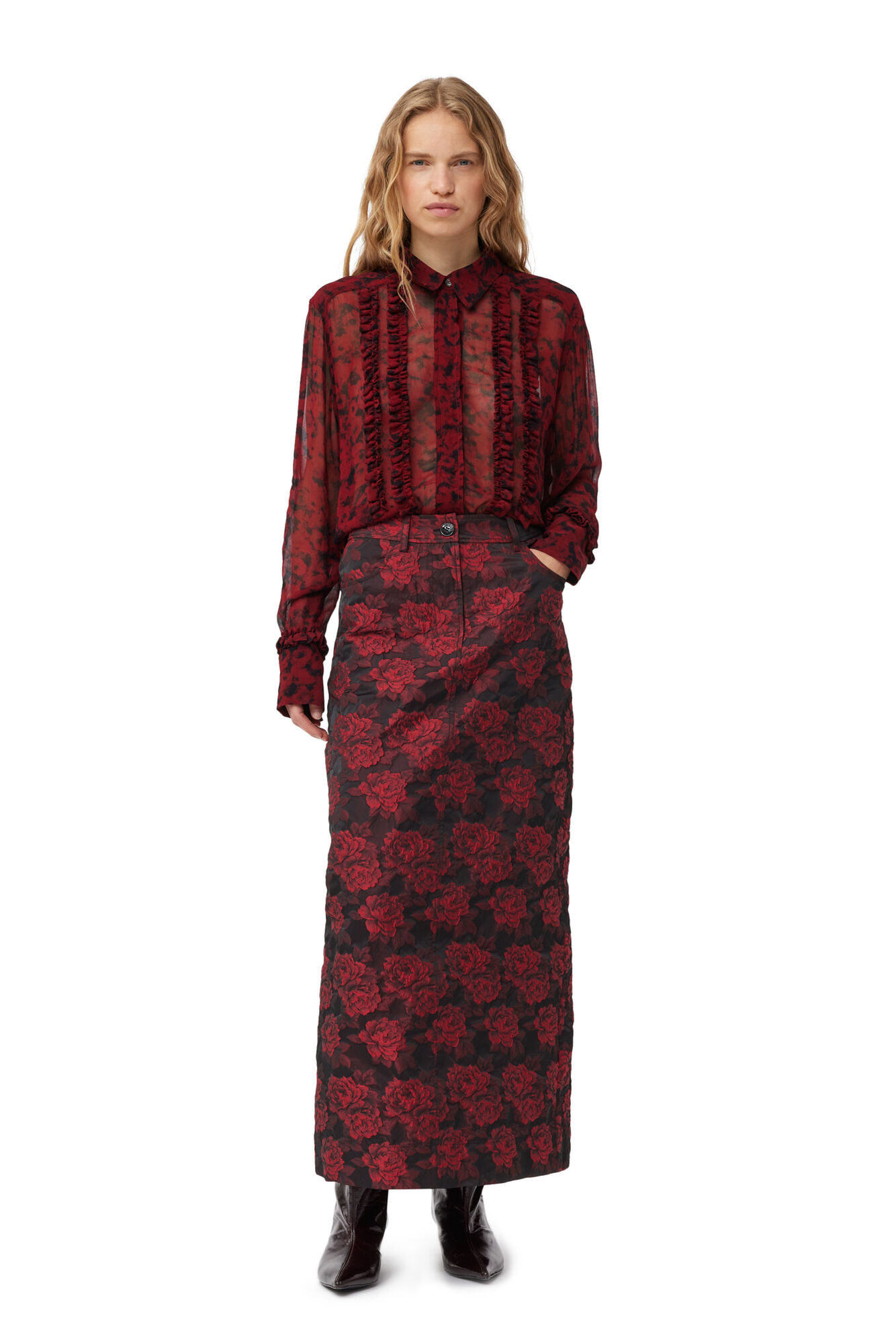 Ganni Red Botanical Jacquard Long Skirt