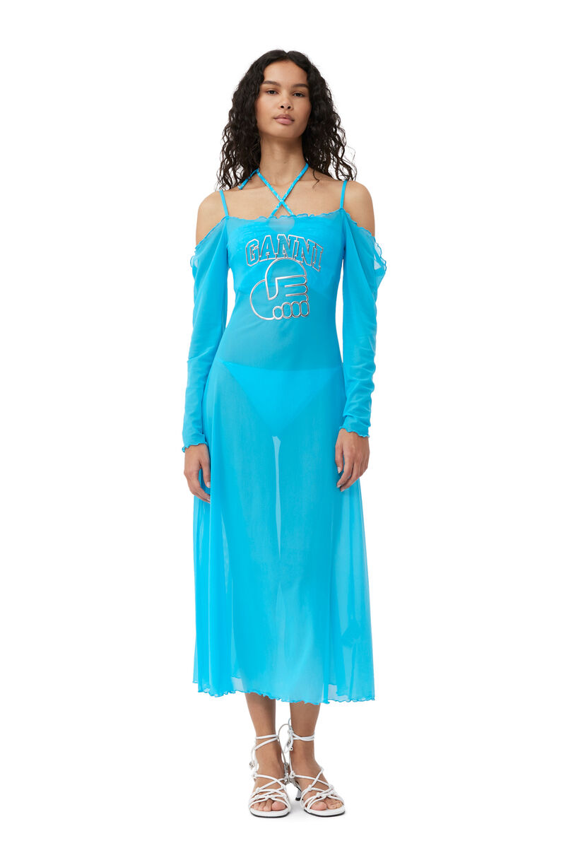 GANNI X ESTER MANAS Mesh Off Shoulder Dress, Recycled Nylon, in colour Bachelor Blue - 5 - GANNI
