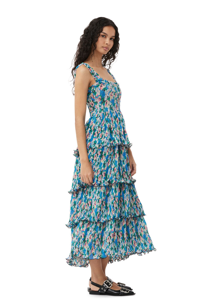 Pleated Georgette Smock Midi Dress, Recycled Polyester, in colour Floral Azure Blue - 3 - GANNI