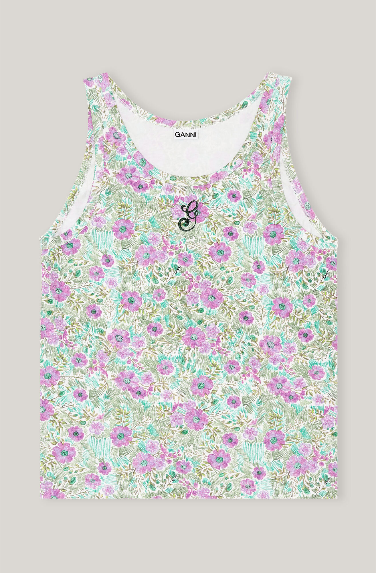 Printed Cotton Underwear Tank Top, in colour Aquarel Flower - 1 - GANNI