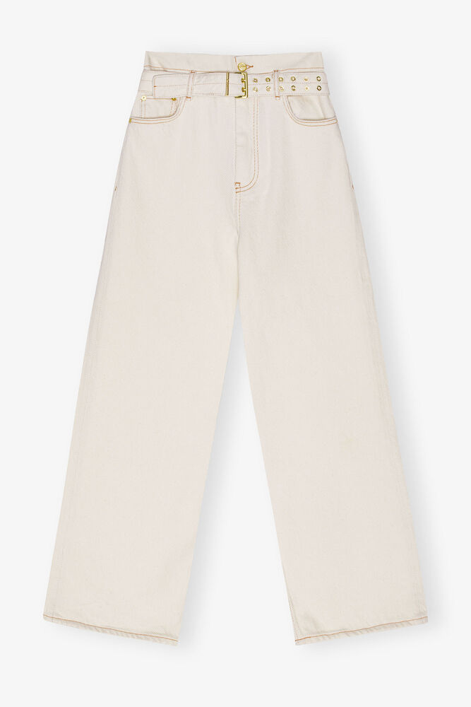 White Heavy Denim Paperbag-jeans, Egret