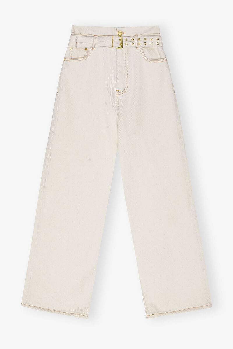 White Heavy Denim Paperbag Jeans, Cotton, in colour Egret - 1 - GANNI