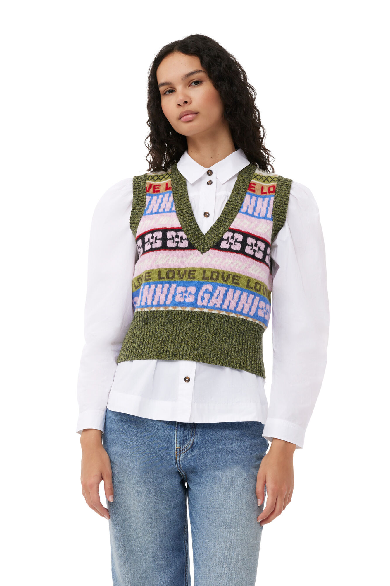 Graphic V-neck Vest, Recycled Polyamide, in colour Multicolour - 8 - GANNI