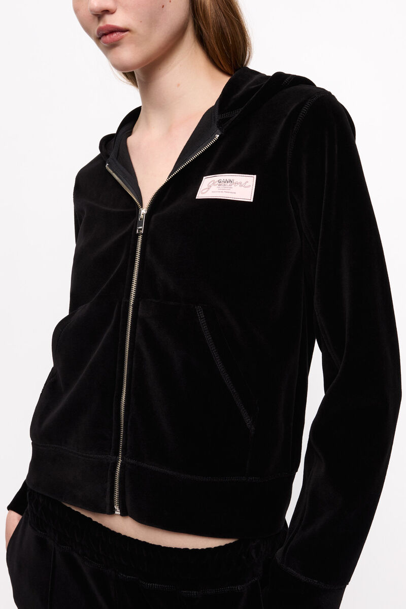 Heavy Velour Zip Hoodie, Organic Cotton, in colour Black - 3 - GANNI