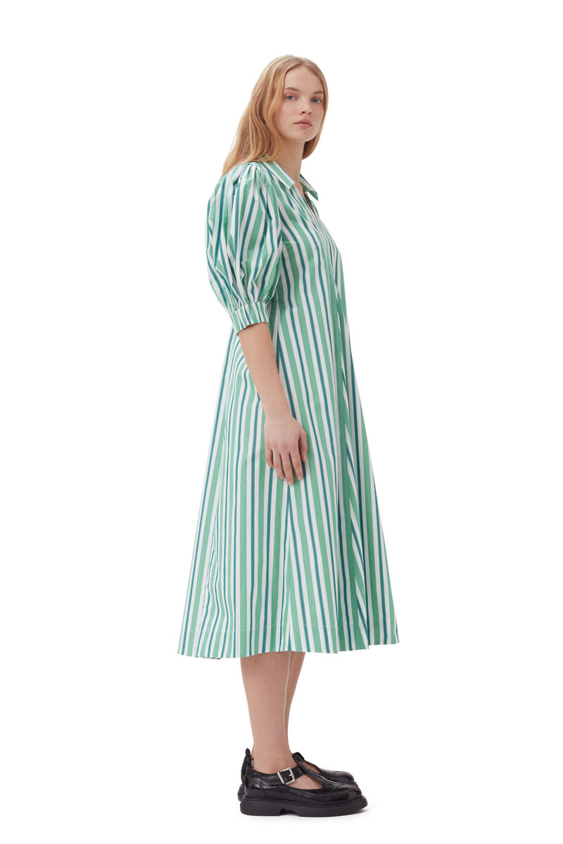 Green Striped Collar Long Dress, Cotton, in colour Creme de Menthe - 3 - GANNI